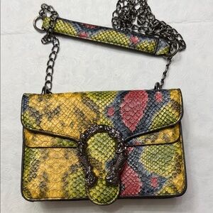 Yellow and Red Snake Print Chain Bag